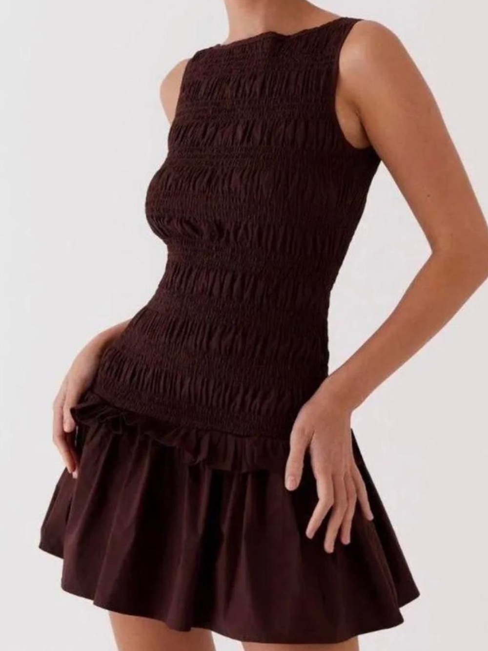 Peppermayo Garden Kisses Shirred Mini Dress Chocolate Brown Size 6